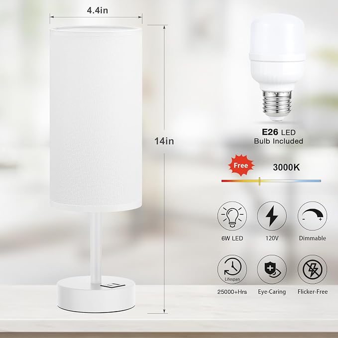 Dicoool Bedside Table Lamp for Bedroom - 3-Way Dimmable Touch Lamp, USB A+C | LED Bulb Included, 14" Small Nightstand Lamp for Desk, Living Room, Guest Room, White Fabric Lampshade, White Metal Base