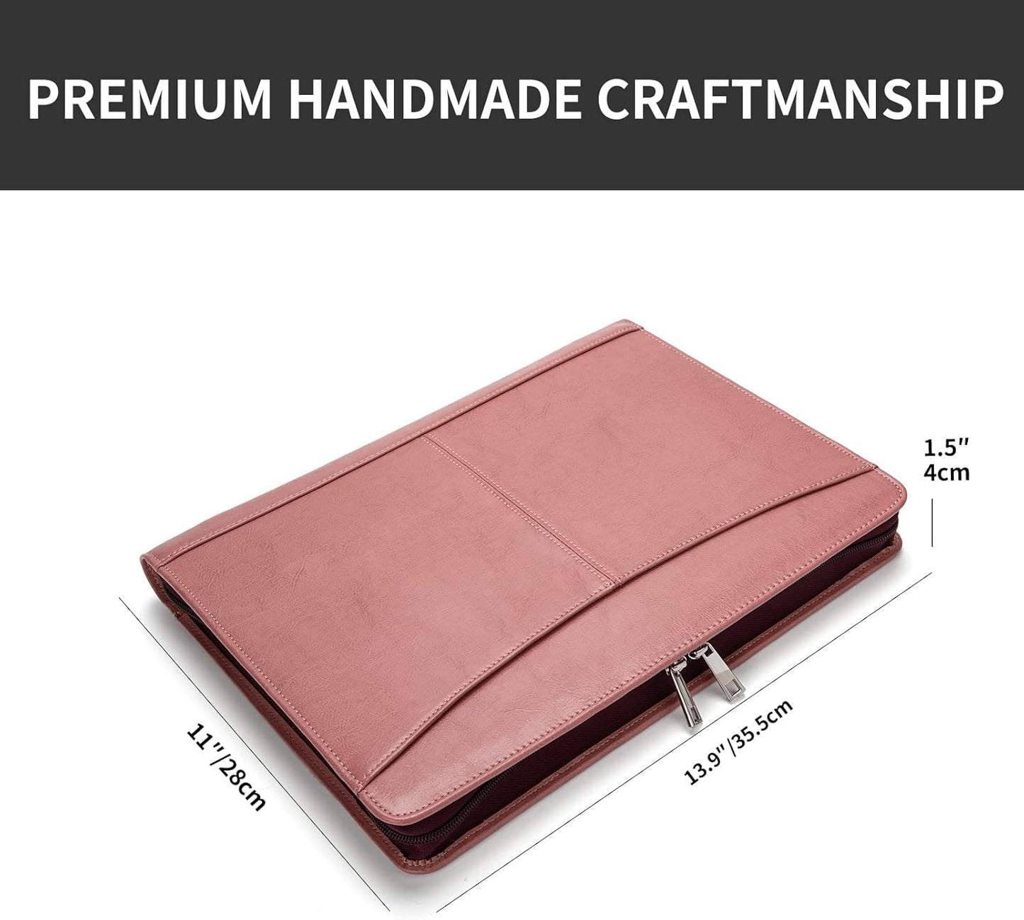 Personalized Vegan Leather Portfolio with Front Pocket for Women, Custom Zippered Padfolio Binder for 8.5 x 11 Legal Pad Notebook, Professional Laptop Case, Pink
