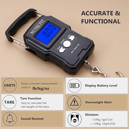 NUTRI FIT Luggage Scale Digital Suitcase Weighing Fish Portable for Travel | 2-Stage Precision, Max 110lb, Smart Tare, Backlit LCD, Lock Data, Handheld, Weight Suitcase with Hook, Travel, Fishing, Gifts