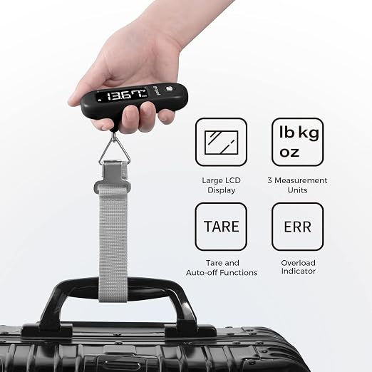 pack all Digital Luggage Scale for Travel, 110Lbs Capacity, 0.1Lb Precision | Handheld, Backlit LCD Display, Lb/Kg/Oz Conversion, Tare Function, Battery Included, Black