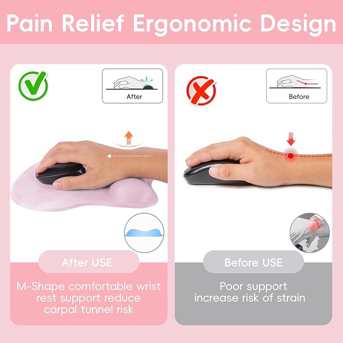 Mouse Pad with Wrist Rest Ergonomic Mouse Pad with Comfortable M-Shape Pain Relief Wrist Support Non-Slip PU Base Mousepad for Laptop, Office & Home (Blush Pink)