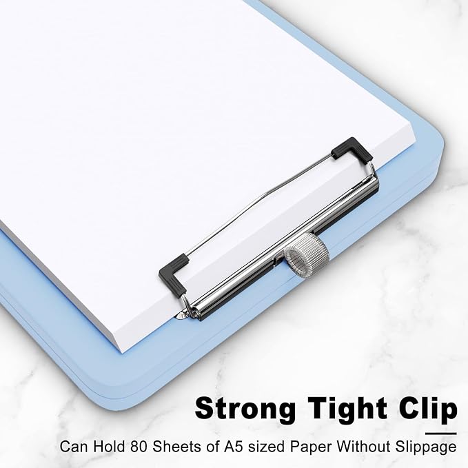 Hongri A5 Clipboard with Storage, Metal Retractable Pen Holder, Blue | 6 x 9'' Nursing Plastic Foldable Clip Board, Size 9.4 x 6.1 x 0.9 in, Menu Box for Work, Office & School Supplies