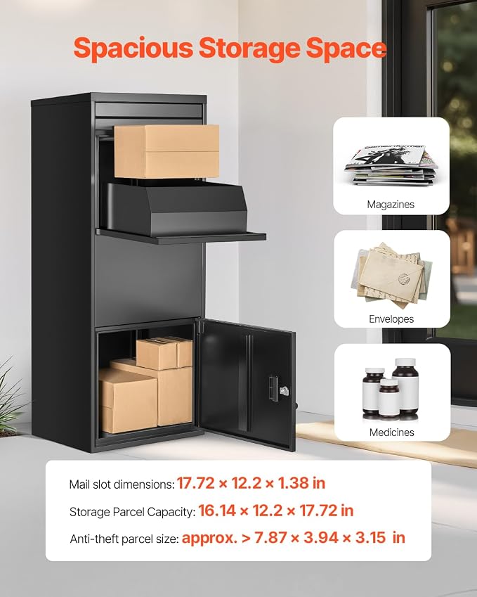 VEVOR Package Delivery Boxes for Outside, 47.2 in Mailbox for Parcel with Lock, Galvanized Steel Package Drop Box with Anti-Theft Design, Weather-Resistant Package Mailbox for Home and Office, Black