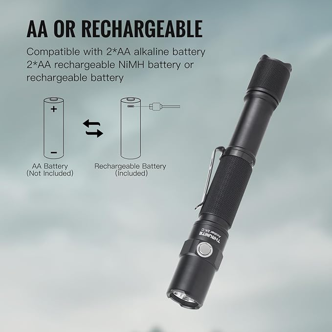 ThruNite Archer 2A C LED Rechargeable Flashlight,High 1000 Lumens AA Flashlight with USB-C, Dual Switch Bright Flashlights for Power Outage,Home Emergency,Camping,IPX8 Waterproof - Cool White