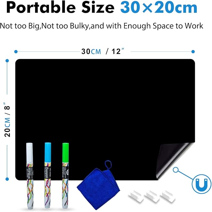 Magnetic Black Dry Erase Board Fridge Chalkboard Sheet 12"x8" | Easy to Read with 3 Bright Colors Chalk Markers, Small Refrigerator Magnet Blackboard for To Do List, Notes & Reminder