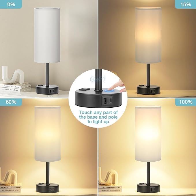 Grey Touch Bedside Lamp for Bedroom - 3 Way Dimmable Table Lamp USB C Charging Ports and AC Outlet, Small Desk Lamp for Living Room, Office, LED Bulb Included