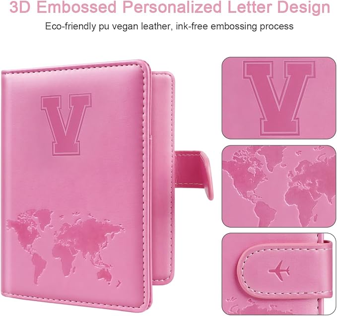 Passport Holder Cover Initial Letter A-Z Travel Wallet Personalized | Travel Essentials, Embossed Design, RFID Blocking, Personalized Gift, Passport Book Holders for Women and Girls, Pink-V