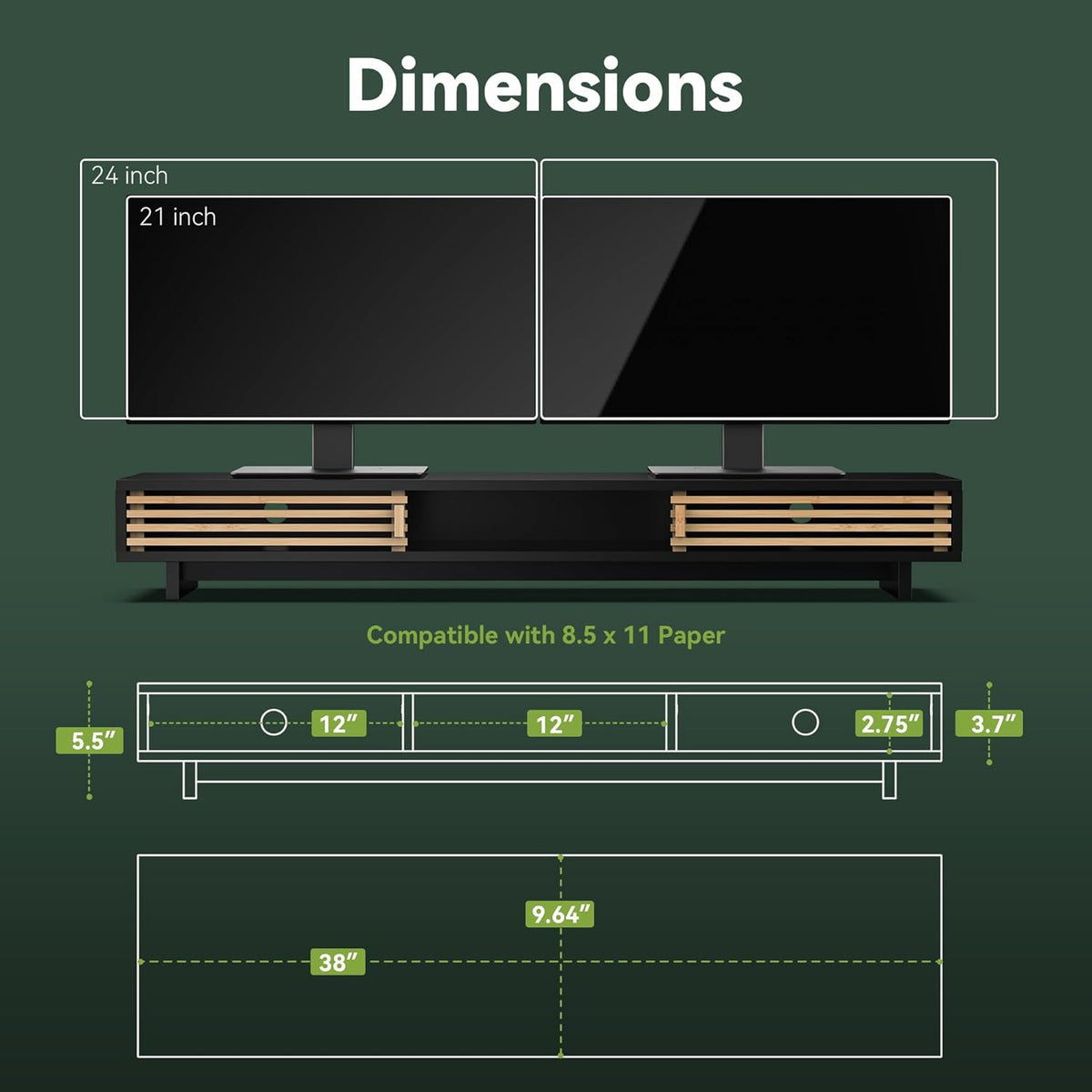 Dual Monitor Stand Riser with Sliding Door, Double Computer Laptop Stand Desk Shelf Organizer with Storage (Black + Natural Bamboo, 38 Inch)