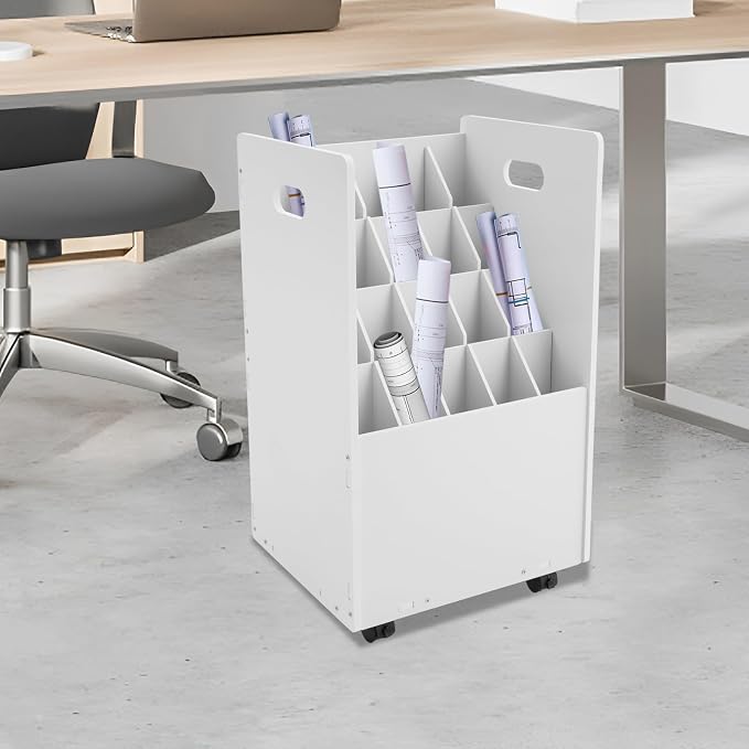 Blue Print Storage Organizer with Wheels, 20 Slots Mobile Blueprint Storage Rack Cart, Construction Plan Holder Roll Files Cart Map Poster Storage Cabinet for Office Home School, White