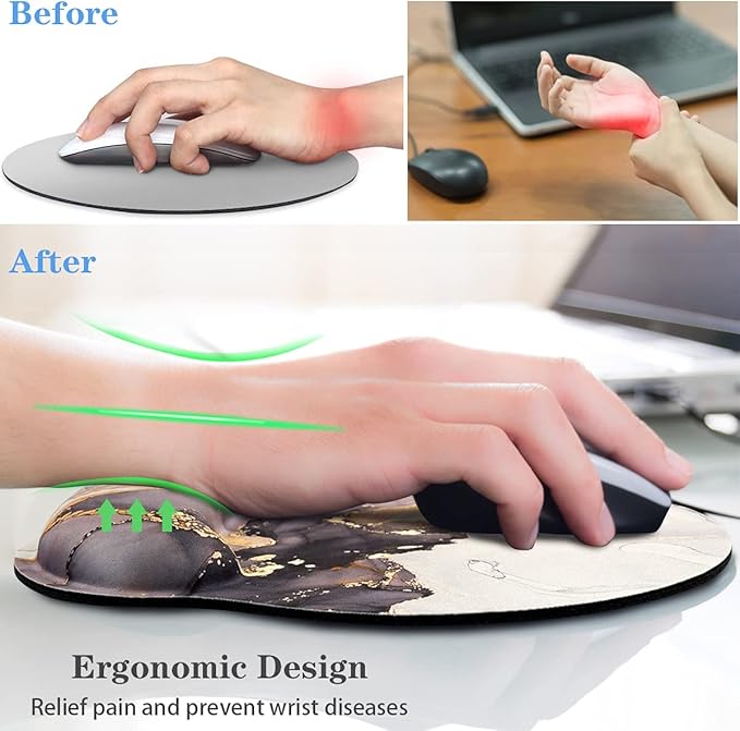WAVEYU Gray Gold Black Marble Mouse Pad, Cool Mouse Mat for Men Women Non-Slip Rubber Base Mousepad for Desk Laptop Gaming Working Computers Easy Typing & Pain Relief