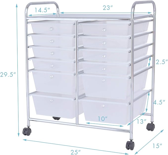 12 Drawer Rolling Storage Cart, Craft Cart Organizer on Wheels w/Metal Frame, Large Capacity & Smooth Drawer, Rolling Cart w/Drawers for Classroom, Office