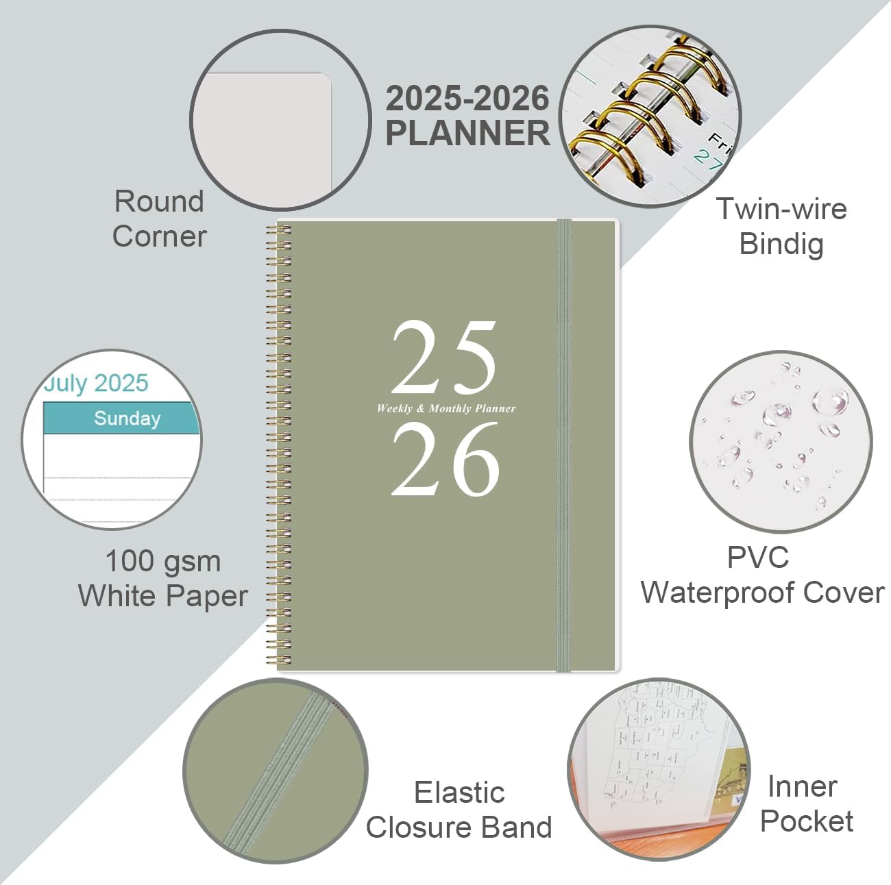 2025-2026 Planner - Academic Planner 2025-2026 from July 2025 to June 2026 with 12 Monthly Tabs, Flexible Cover, Inner Pocket, 8.5" x 11", Green