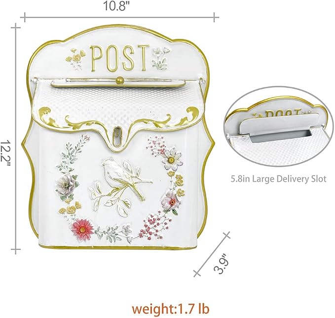 Wall Mount Mailboxes for Outside Vintage Mail Boxes for House Outside Metal Door Mailbox Drop Box Antique Style Nostalgic Charm Home Decorative, White