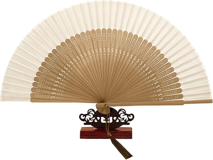 EOSAU Bamboo Hand Fan Foldable 8.3 Inch, Portable Folding Fan with Pouch for Church Wedding Makeup, Small Decorative Cooling Fan for Women (White/Bamboo Frame)