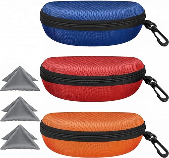 ZONLY 3 Pack Sunglasses Case Portable Travel Zipper Eyeglasses Case Hook With Cleaning Cloth