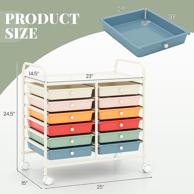 RELAX4LIFE 12-Drawer Rolling Storage Cart - Mobile Utility Cart on Wheels for School Classroom Teacher Office Salon, Paper File Art Supply Craft Organizer, Rolling Cart with Drawers (Macaron)