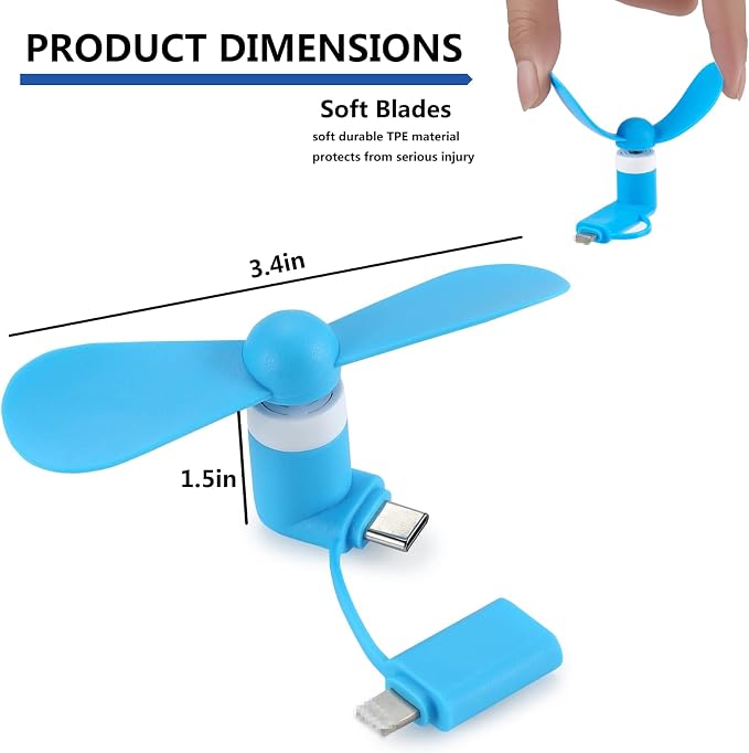 JORMEY 6 Pack Mini Cell Phone Fan, 3 in 1 Portable Cellphone Fan Pocket Fans Travel Fans Fast Cooling for Summer Outdoor, for iPhone Android Phone/Type-C Interfaces