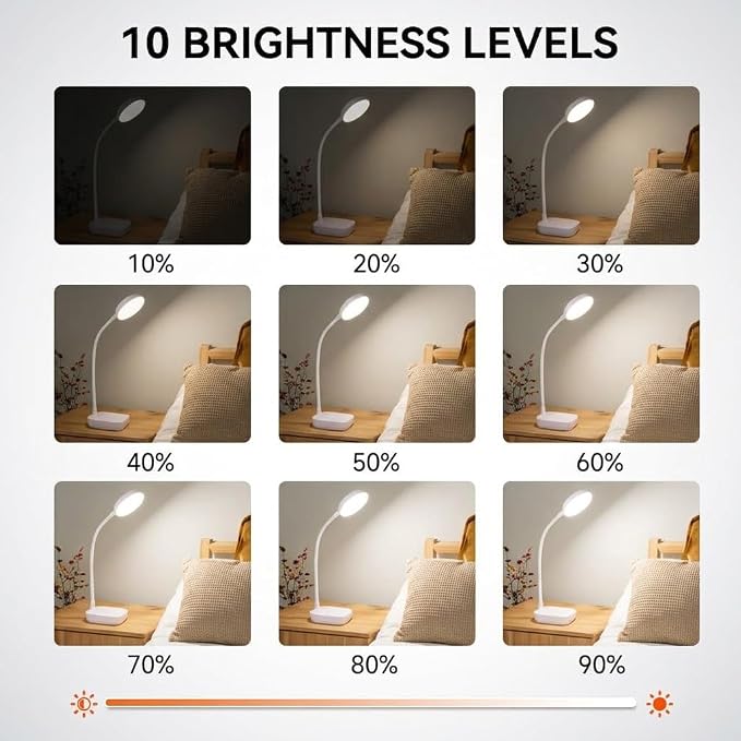 White Small Battery Powered Desk Lamp,Battery operated lamp,5W Rechargeable desk light,3 Colors,Adjustable brightness,360°Gooseneck Hose,Cordless lamps for small spaces,Eye-friendly and Energy Saving