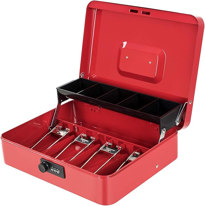 Cash Box with Money Tray and Combination Lock Metal Money Box for Cash Tiered Lock Box for Money 11.8" x 9.4" x 3.54" Red