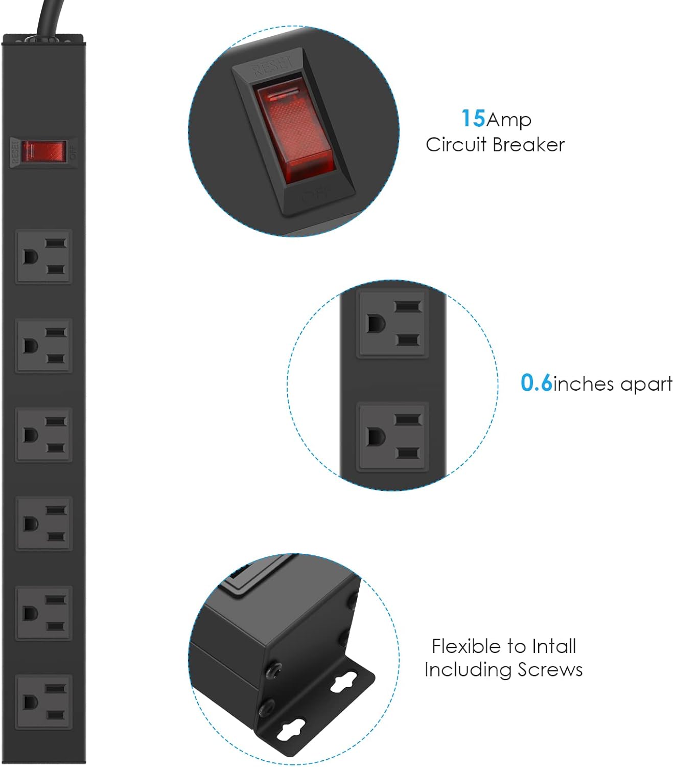 Metal Wall Mount Power Strip, Mountable Power Outlet with 6 AC Outlets, Aluminum Alloy Mount Power Socket with Switch, 3 FT SJT 3/C 14AWG Power Cord, 15A 125V 1875W (6AC) Black