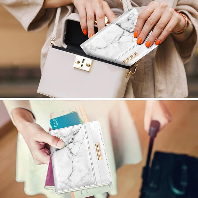 Coco Rossi Passport Holder for Travel Women Slim RFID Passport Cover Wallet | Travel Essentials, Passport Book Holders, Passport Wallet Cover Case, PU Leather, Cute, Thin, Spliced Design, White Marble