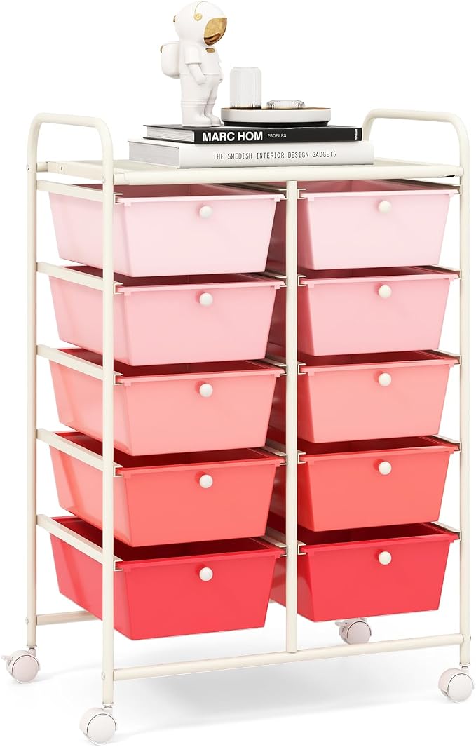RELAX4LIFE Rolling Storage Cart with 10 Drawers - Craft Storage Cart with Lockable Wheels,Utility Cart, Art Cart Organizer for Crafting Storage, Studio, Office, Home, School Rolling Drawer Cart