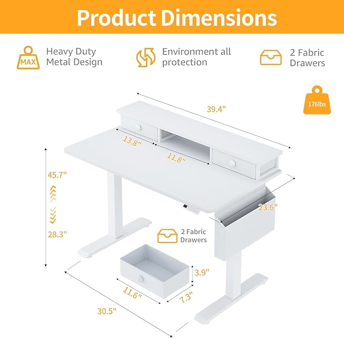 White Electric Standing Desk with Drawers - 40 Inch Small Standing Desk with Shelf Monitor Stand Storage Height Adjustable for Home Office, Study Writing Girls Computer Sit Stand Desks for Bedroom