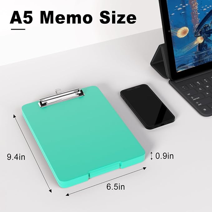 Hongri A5 Clipboard with Storage, Metal Retractable Pen Holder, Green | 6 x 9'' Nursing Plastic Foldable Clip Board, Size 9.4 x 6.1 x 0.9 in, Menu Box for Work, Office & School Supplies