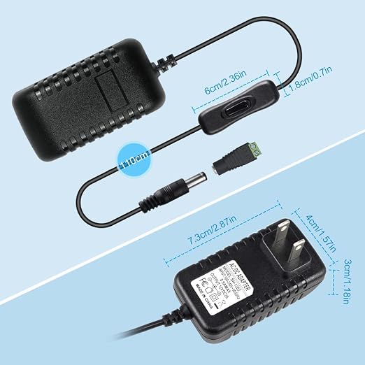 12V Power Supply, 12 Volt 2A 24W DC Power Supply with On Off Switch, Black Switching LED Power Adapter, AC 110V to 12V Wall Wart Transformer Plug for LED Strip Lights with 5.5/2.1 DC Female Connector