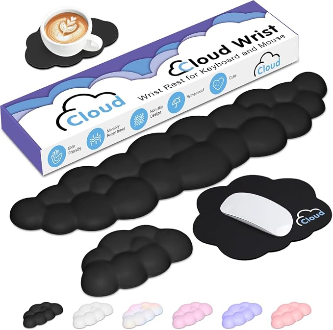 4 in 1 Ergonomic Leather Cloud Wrist Rest Keyboard and Mouse Pad & Coaster | Full 4-Piece Set, Non-Slip PU Base, Soft Memory Foam Comfort For Long Work/Gaming Hours, Cute Desk Decor, Easy To Clean