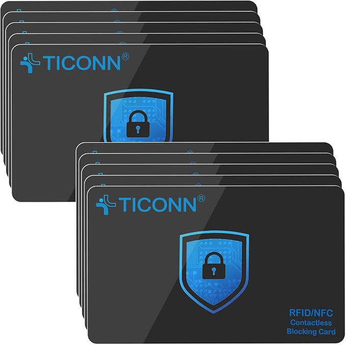 TICONN RFID Blocking Cards - 10 Pack, Premium Contactless NFC Debit Credit Card Passport Protector Blocker Set for Men & Women, Smart Slim Design Perfectly fits in Wallet/Purse (10)