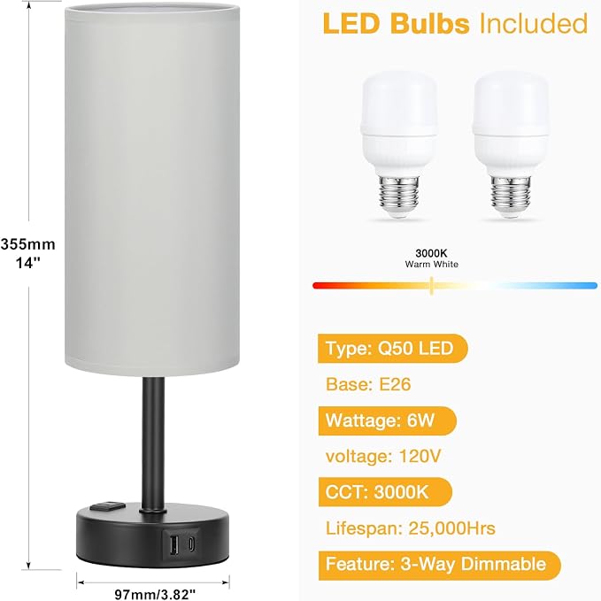 PartageiZ Grey Touch Table Lamps Set of 2-3 Way Dimmable Bedroom Lamps for Bedside with USB C and A Ports, Small Nightstand Lamps with AC Outlet, Desk Lamps with Black Base for Office Boys | 3-Way Dimmable, LED Bulb Included, Grey Fabric Lampshade, Mat...