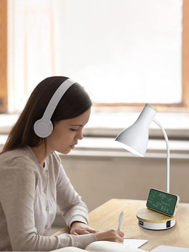 LALISU Metal Desk Lamp Wireless Charging Table Lamp Touch Reading Lights Arc Desk Lamps for Bedroom, 3 Way Dimmable Bedside Lamp with USB Charging Ports Lamp for Study Room and Office (White)