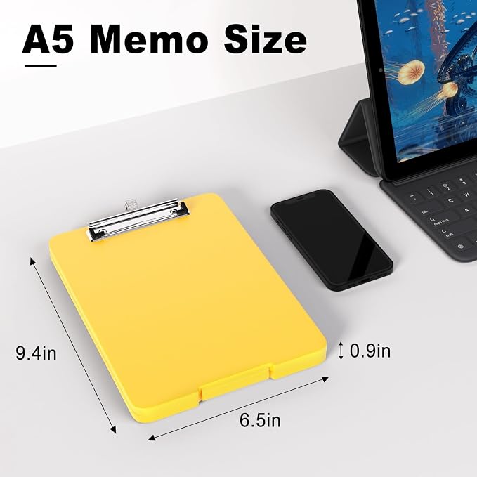 Hongri A5 Clipboard with Storage, Metal Retractable Pen Holder, Yellow | 6 x 9'' Nursing Plastic Foldable Clip Board, Size 9.4 x 6.1 x 0.9 in, Menu Box for Work, Office & School Supplies