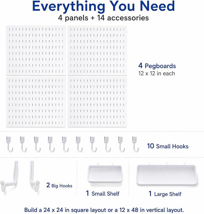 White Pegboard Wall Organizer Kit, Craft Room, 4 Panels Hooks & Shelves | Peg board accessories for sewing, desk and home office, ABS storage with bins, holds small parts, easy to clean, maker gift