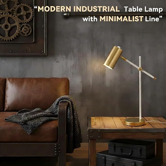 Modern White and Gold Desk Lamp with Type C Charging Port, Minimalist Industrial Table Lamp with Swing Arm, for Study Room Home Office Bedroom Bedside Nightstand