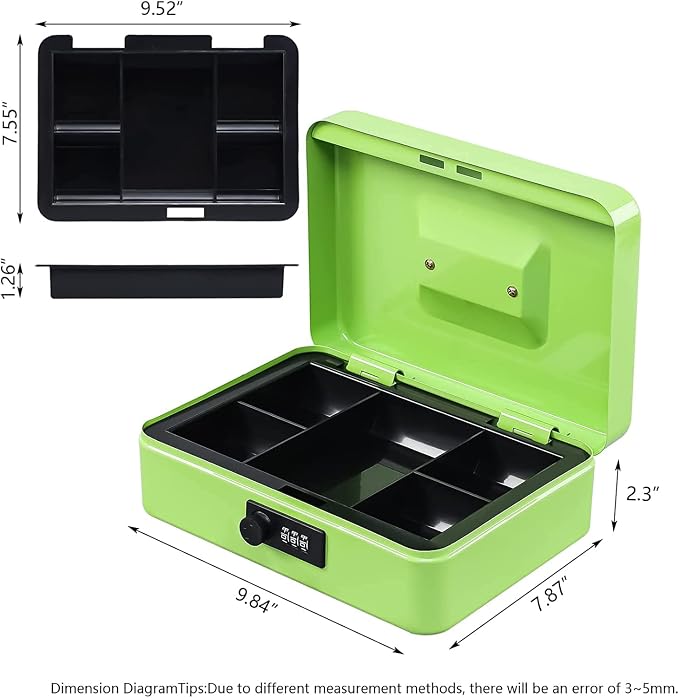 KYODOLED Large Cash Box with Combination Lock,Safe Metal Box for Money, Storage Lock Box with Money Tray,9.84"x 7"x 3.54" Limegreen Large