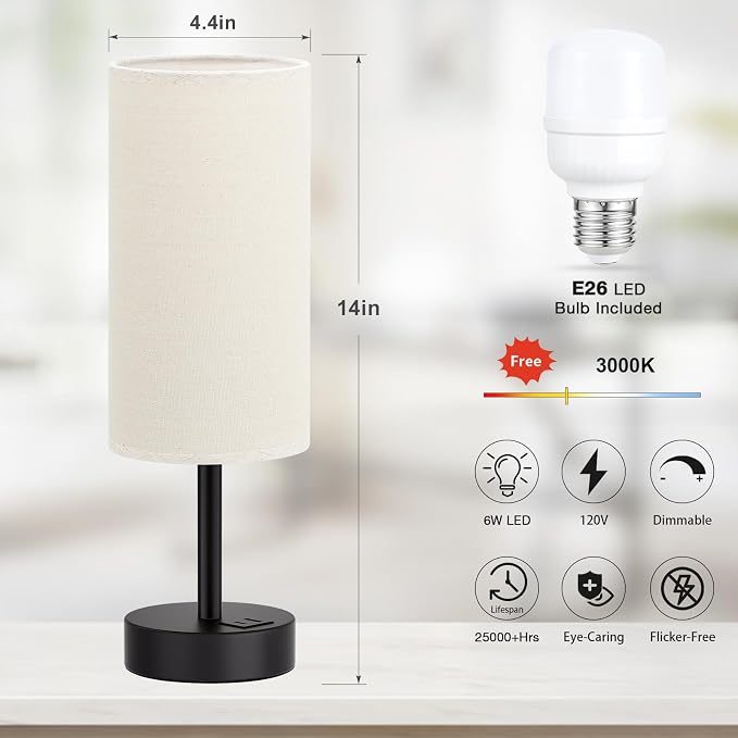 Dicoool Bedside Table Lamp for Bedroom - 3-Way Dimmable Touch Lamp, USB A+C | LED Bulb Included, 14" Small Nightstand Lamp for Desk, Living Room, Guest Room, Beige Fabric Lampshade, Black Metal Base
