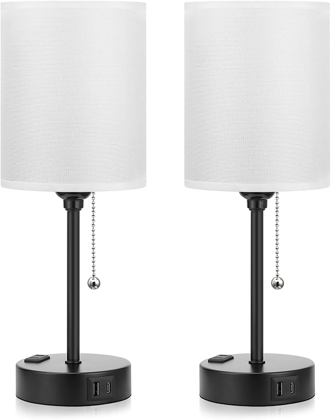 Bedside Table Lamp for Bedroom Set of 2, Small Desk Lamp with USB Ports | USB A+C Ports, AC Outlet, 3 Color Temperatures, LED Bulb Included, White Fabric Shade, Matte Black Base, 14" Tall, 2-Pack