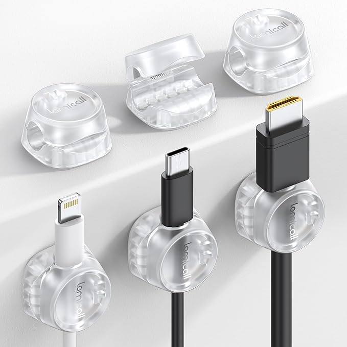 6Pack Cord Organizer, Office Desk Accessories - Lamicall Clear Cable Management Clips, Home Workspace Organization Accessories, Nightstand Desk Car Decor, College Dorm Room School Gadget Essentials