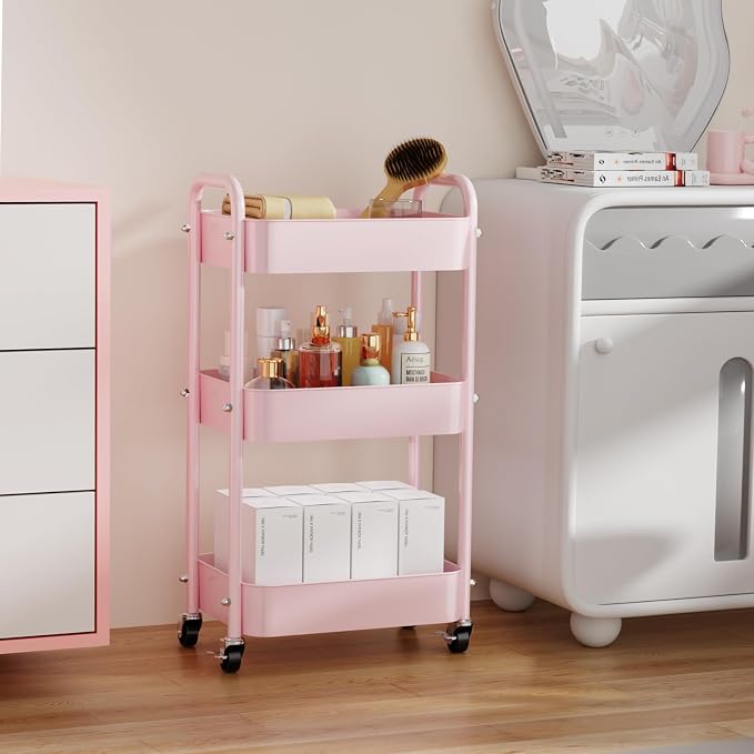 3-Tier Rolling Cart with Table Top, Metal Utility Cart on Wheels | Sturdy Storage Organizer Cart with Lockable Wheels&Hooks for Craft, Office, Classroom, Kitchen and Bathroom, Pink
