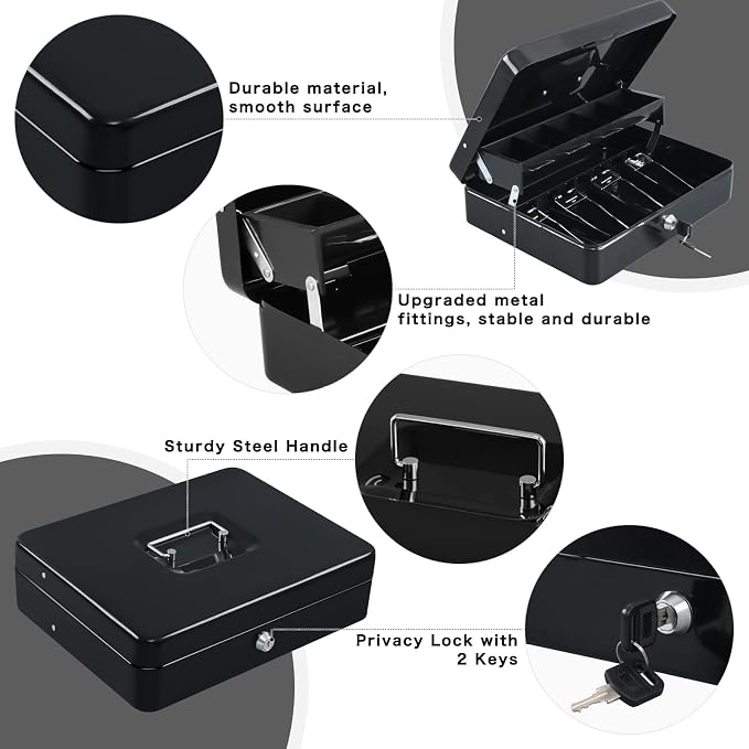 xydled Cash Box with Money Tray and Key Lock,Tiered, Cantilever Design,4 Bill / 5 Coin Slots,11.8" x 9.5" x 3.5",Black