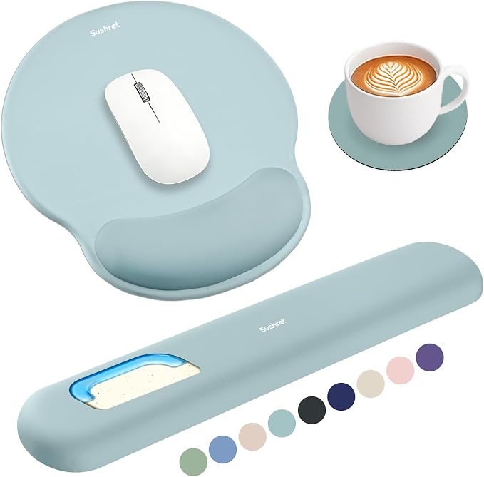 Mouse Pad and Keyboard Wrist Rest, 3-in-1 Gel Memory Foam Ergonomic Mouse Pad with Wrist Rest Set, Gaming Mousepad Arm Cushion Support for Computer Office Desk Accessories Cute, Seafoam Blue