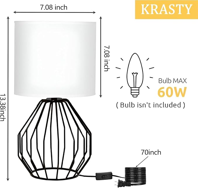 Small Table Lamp Black, Modern Minimalist Desk Lamp with Metal Base White Fabric Shade, Bedside Nightsand Table Lamp for Bedroom, Living Room, Kids Room