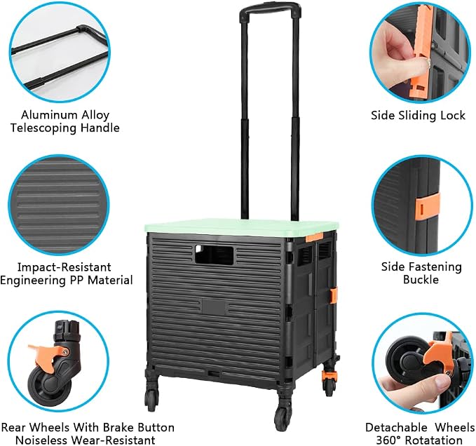 FELICON SELORSS Foldable Utility Cart Folding Portable Rolling Crate-Green | Heavy Duty,Telescoping Handle,4 Rotate Wheels,Collapsible Handcart for Travel Shop Move Luggage Laundry Teacher Office Use