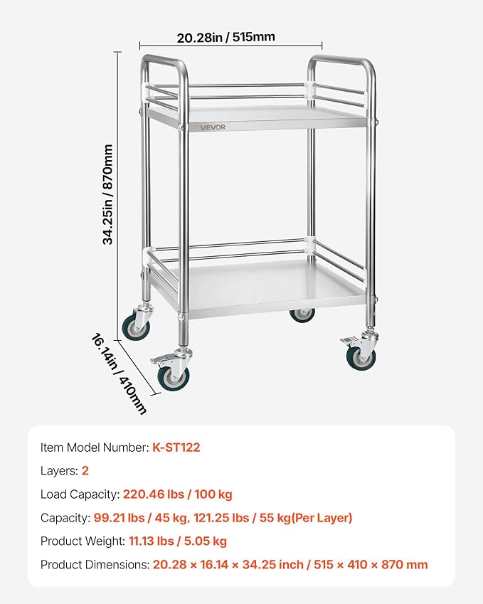 VEVOR Stainless Steel Rolling Cart, 2-Tier Metal Utility Cart with Lockable Wheels, Medical Serving Trolley Clinic Tray, Mobile Service Cart for Hospital, Lab, Restaurant, Kitchen, Salon
