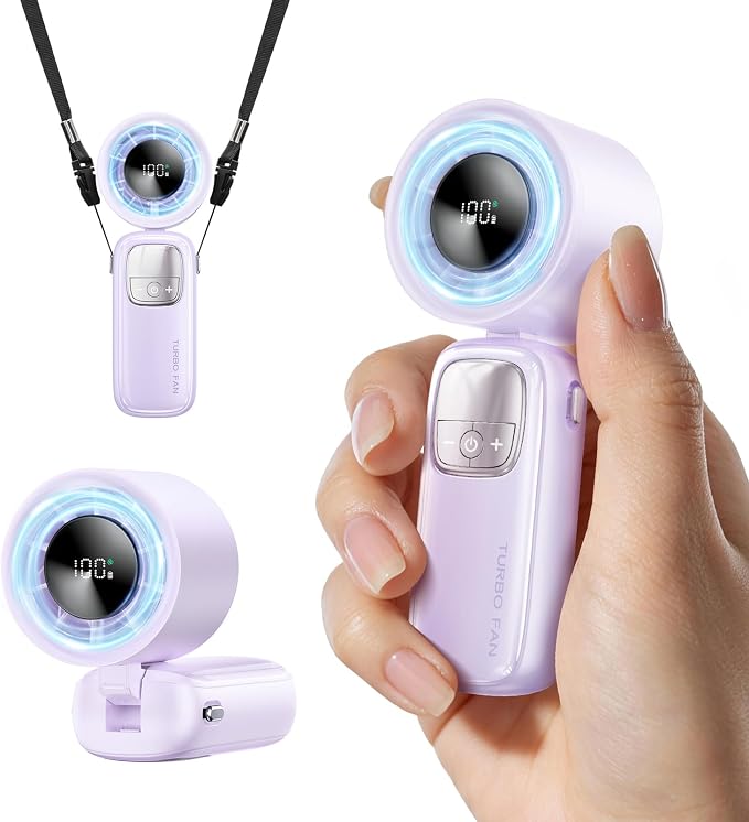 KIMMOO 3-in-1 Portable Handheld Turbo Fan-100 Speeds, 11000 RPM, 10Hrs Cooling, LED Display, 90° Rotation, Small Travel Fan, Mini Foldable Hand Held Personal Fan for Women Men (Purple)