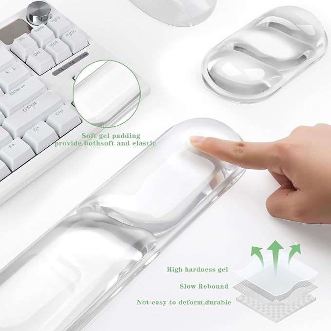 Gel Wrist Rest for Keyboard and Mouse Pad Set | Clear Gel Mouse Pad Wrist Rest, Non-Slip PU Base, Easy Typing, Pain Relief, Cute Desk Wrist Cushion for Office Home（02White）