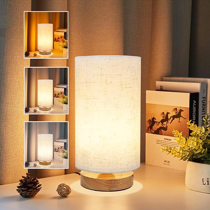 3-Color Adjustable Bedside Table Lamp for Bedroom,Minimalist Wood Base&Round Fabric Shade,Cozy Lighting Nightstand Boho Lamp,Study Reading Desk Night Stand Light for Living Room,Office,kitchen,Nursery
