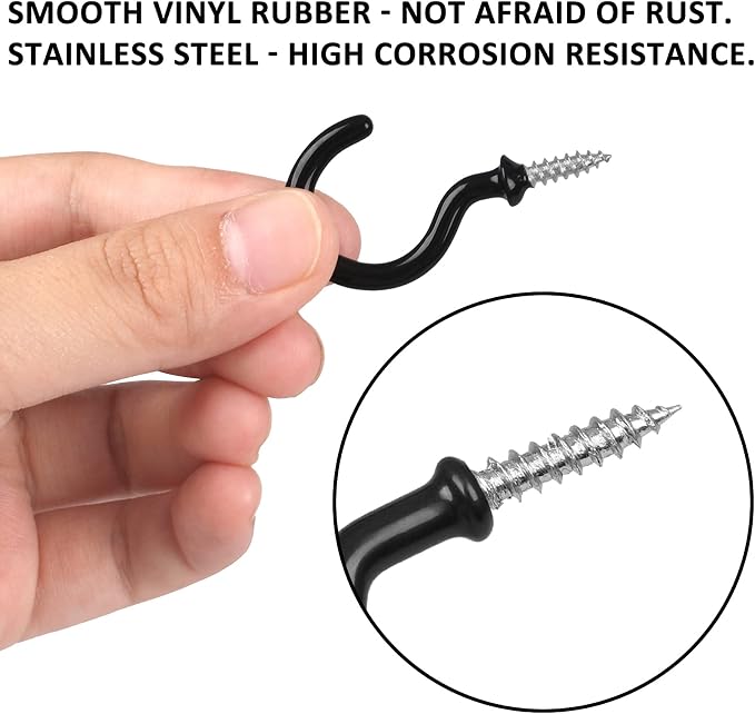 90 Pcs Black Ceiling Hooks Kit - 6 Sizes Vinyl Coated Screw-in Hooks for Hanging (1/2", 5/8", 3/4", 7/8", 1", 1-1/4")